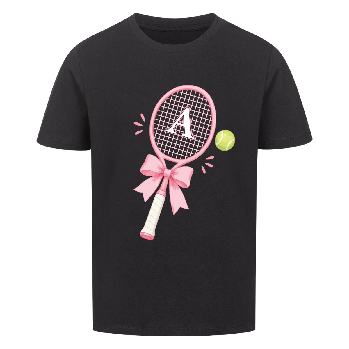 Tennisschläger Initiale Schleife auf Kinder-Shirt, Farbe schwarz