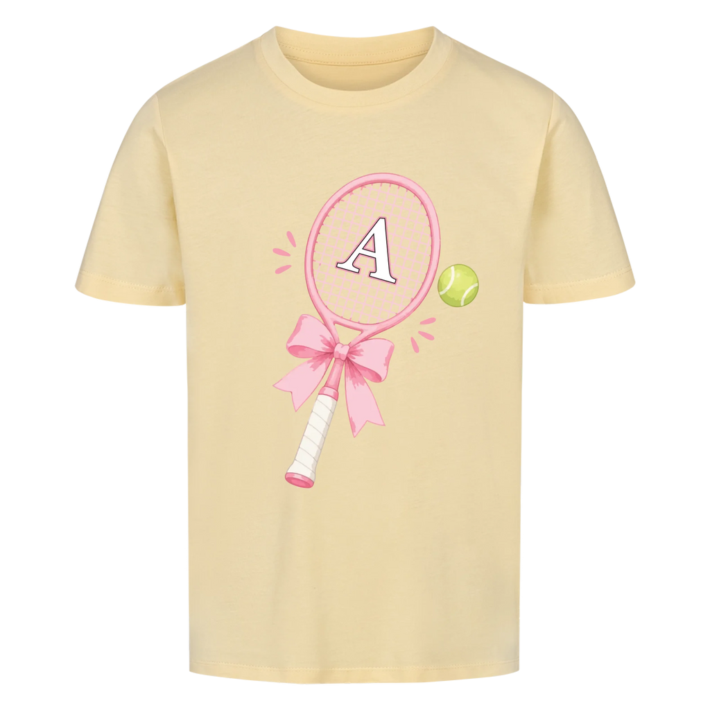 Tennisschläger Initiale Schleife auf Kinder-Shirt, Farbe buttergelb