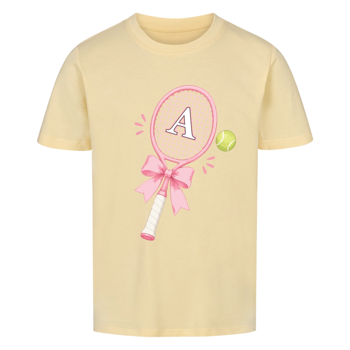 Tennisschläger Initiale Schleife auf Kinder-Shirt, Farbe buttergelb