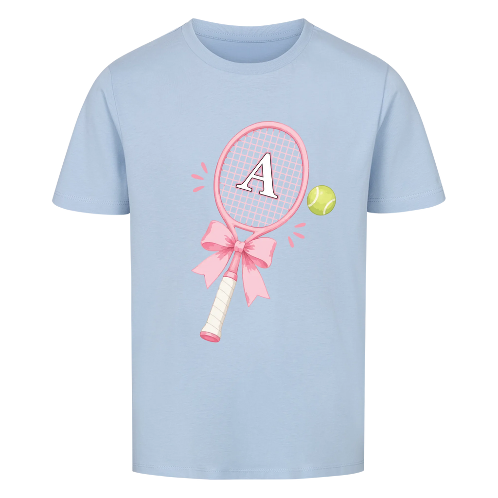 Tennisschläger Initiale Schleife auf Kinder-Shirt, Farbe himmelblau