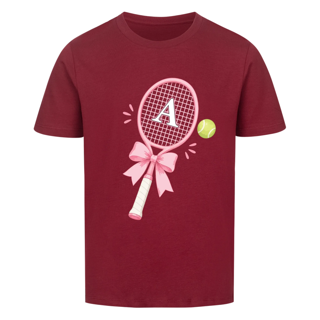 Tennisschläger Initiale Schleife auf Kinder-Shirt, Farbe weinrot