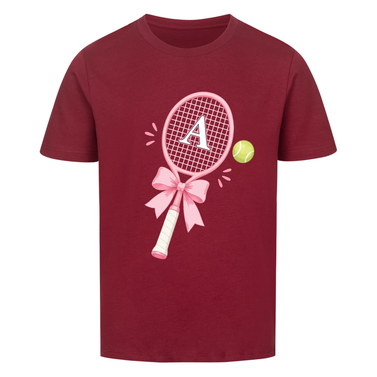 Tennisschläger Initiale Schleife auf Kinder-Shirt, Farbe weinrot